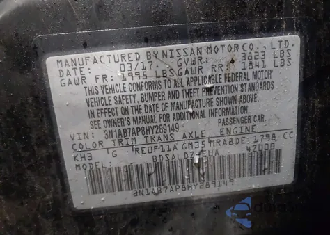 2017 Nissan Sentra Sv from USA, damaged, VIN 3N1AB7AP8HY289149